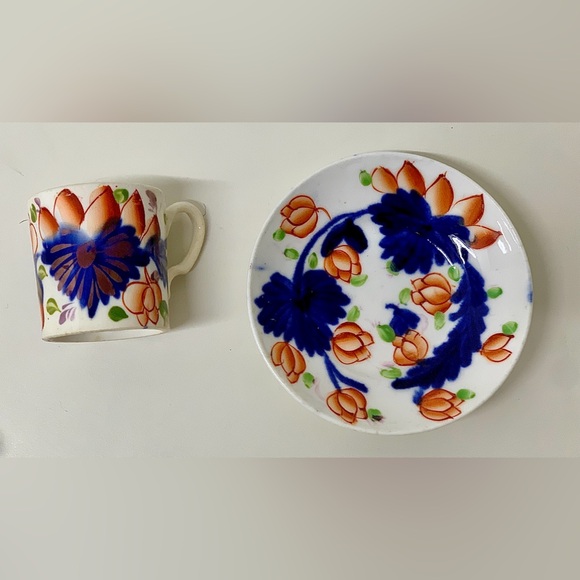 19th Century Antique Gaudy Welsh Grape Pattern Miniature Child’s Mug & Saucer - Picture 8 of 12